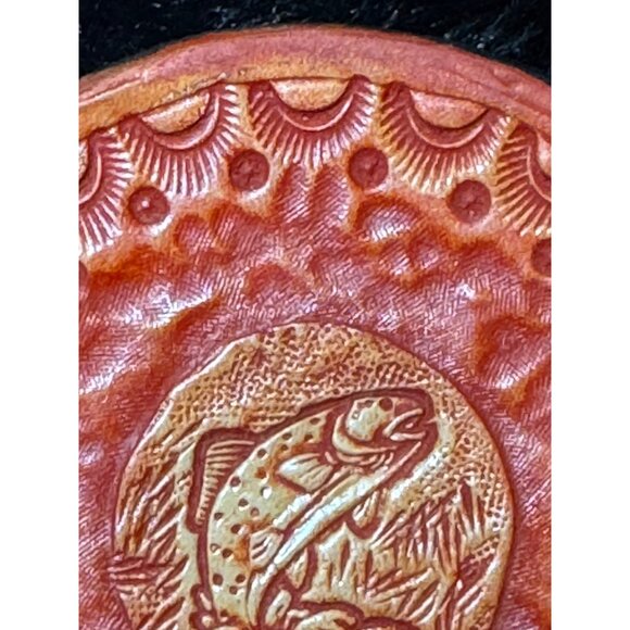 Leather Red Coasters Set Embossed Fish Design Round Shape  Set Of 4 - Picture 5 of 8